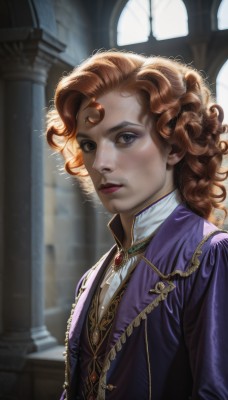 1girl,solo,long hair,looking at viewer,blue eyes,brown hair,jewelry,closed mouth,upper body,indoors,necklace,blurry,lips,window,makeup,blurry background,brooch,gem,androgynous,freckles,curly hair,realistic,nose,purple jacket,red hair,artist name,orange hair,watermark,wavy hair,facial mark,backlighting