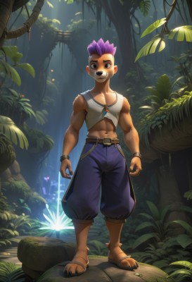 solo,looking at viewer,short hair,1boy,navel,animal ears,brown eyes,jewelry,standing,full body,purple hair,male focus,outdoors,midriff,belt,pants,necklace,bracelet,tree,muscular,leaf,facial mark,abs,sandals,tank top,plant,spiked hair,nature,furry,forest,toned,furry male,baggy pants,smile,tail,barefoot,black eyes,wristband,fantasy,mushroom,mohawk,moss