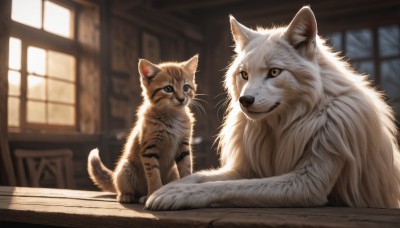 blue eyes,brown eyes,sitting,closed mouth,yellow eyes,indoors,blurry,looking at another,no humans,window,depth of field,blurry background,animal,cat,realistic,animal focus,white fur,whiskers,looking at viewer,signature,table