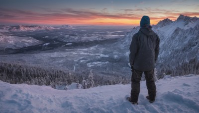 1girl,solo,gloves,long sleeves,1boy,standing,jacket,male focus,boots,outdoors,sky,black gloves,pants,cloud,hood,from behind,black footwear,tree,coat,fur trim,black pants,cloudy sky,nature,scenery,hooded jacket,snow,forest,sunset,mountain,winter clothes,facing away,wide shot,winter,landscape,mountainous horizon,footprints,hoodie,hood down,horizon,ambiguous gender,lake,skates,sunrise