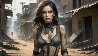 HQ,1girl,solo,long hair,breasts,looking at viewer,blue eyes,large breasts,black hair,cleavage,jewelry,medium breasts,green eyes,upper body,outdoors,parted lips,solo focus,choker,day,lips,bodysuit,tattoo,makeup,wind,building,fishnets,city,realistic,ruins,medium hair,necklace,lipstick,dirty,fishnet top