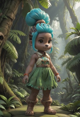 1girl,solo,smile,short hair,skirt,hair ornament,dress,bare shoulders,brown eyes,jewelry,closed mouth,blue hair,standing,full body,hairband,earrings,boots,outdoors,sleeveless,day,artist name,signature,dark skin,hair bun,flat chest,bracelet,dark-skinned female,tree,fur trim,aqua hair,leaf,brown footwear,sunlight,plant,green skirt,child,nature,furry,forest,green dress,furry female,female child,aqua skirt,animal ears,single hair bun,thick eyebrows,grass,animal nose,brown fur