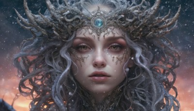 1girl,solo,long hair,looking at viewer,brown eyes,jewelry,yellow eyes,white hair,grey hair,earrings,outdoors,parted lips,horns,sky,artist name,blurry,lips,eyelashes,makeup,watermark,wavy hair,facial mark,crown,gem,portrait,star (sky),snow,close-up,curly hair,snowing,realistic,headpiece,nose,floating hair,wind,fantasy