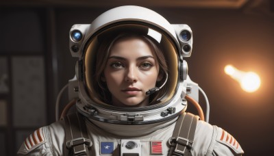 1girl,solo,looking at viewer,short hair,brown hair,brown eyes,closed mouth,upper body,indoors,blurry,lips,blurry background,helmet,portrait,headset,reflection,realistic,nose,american flag,spacesuit,japanese flag,space helmet,astronaut,parted lips,depth of field,thick eyebrows,forehead,science fiction,serious,flag,united states