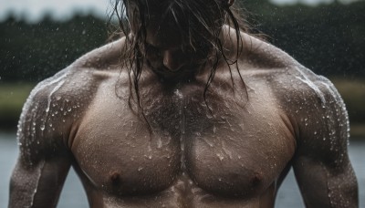 solo,long hair,black hair,1boy,nipples,collarbone,upper body,male focus,nude,outdoors,water,blurry,wet,muscular,depth of field,blurry background,dark-skinned male,pectorals,muscular male,bara,facing viewer,topless male,realistic,head out of frame,wet hair,manly,abs,close-up,large pectorals