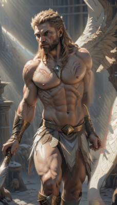 solo,long hair,blonde hair,brown hair,1boy,navel,holding,brown eyes,jewelry,closed mouth,nipples,standing,weapon,male focus,thighs,wings,sword,necklace,stomach,holding weapon,looking to the side,tattoo,muscular,feet out of frame,facial hair,scar,holding sword,abs,sunlight,pectorals,muscular male,bara,feathered wings,pelvic curtain,beard,large pectorals,topless male,angel wings,light rays,mature male,mustache,angel,bracer,manly,loincloth,pillar,statue,artist name,blood,thick thighs,realistic,scar on chest