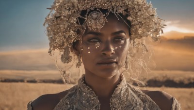 1girl,solo,looking at viewer,short hair,black hair,hair ornament,brown eyes,jewelry,closed mouth,upper body,flower,earrings,outdoors,sky,day,artist name,hair flower,dark skin,blurry,dark-skinned female,lips,grey eyes,depth of field,blurry background,expressionless,portrait,realistic,sand,desert,facial mark,headdress,facepaint,sepia