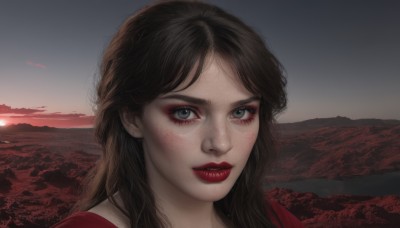 1girl,solo,long hair,looking at viewer,brown hair,black hair,jewelry,earrings,outdoors,parted lips,sky,cloud,lips,grey eyes,makeup,lipstick,red shirt,portrait,freckles,sunset,mountain,realistic,red lips,bangs,artist name,signature,parted bangs,eyelashes,scenery,eyeshadow