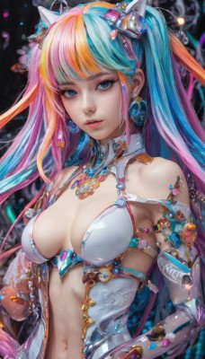 1girl,solo,long hair,breasts,looking at viewer,bangs,blue eyes,blonde hair,hair ornament,navel,cleavage,twintails,jewelry,medium breasts,blue hair,upper body,pink hair,multicolored hair,earrings,parted lips,two-tone hair,lips,eyelashes,aqua hair,gradient hair,makeup,headgear,gloves,bare shoulders,very long hair,closed mouth,artist name,necklace,stomach,orange hair,see-through,detached collar,watermark,gem,eyeshadow,pink lips,realistic,nose,center opening,mascara