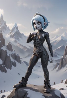 1girl,solo,breasts,looking at viewer,short hair,jewelry,blue hair,standing,full body,hairband,small breasts,boots,outdoors,sky,solo focus,pointy ears,black footwear,armor,bodysuit,colored skin,black nails,snow,mountain,blue skin,white eyes,grey skin,black lips,artist name,nail polish,makeup,lipstick,freckles