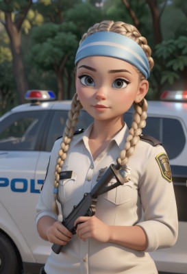 1girl,solo,long hair,breasts,looking at viewer,smile,blonde hair,shirt,long sleeves,holding,brown eyes,jewelry,closed mouth,white shirt,upper body,weapon,braid,hairband,earrings,small breasts,outdoors,day,collared shirt,belt,artist name,holding weapon,blurry,uniform,twin braids,tree,lips,gun,grey eyes,depth of field,blurry background,headband,ground vehicle,holding gun,hair over shoulder,motor vehicle,handgun,freckles,pocket,car,stud earrings,breast pocket,trigger discipline,police,police uniform,policewoman,finger on trigger,m1911,blush,blue eyes,twintails,collarbone,military,eyelashes,military uniform,buttons,low twintails,piercing,thick eyebrows,ear piercing,nose,logo,red lips,blue hairband,badge