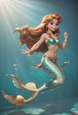 1girl,solo,long hair,breasts,looking at viewer,smile,blue eyes,brown hair,navel,bare shoulders,jewelry,medium breasts,swimsuit,full body,bikini,earrings,small breasts,parted lips,teeth,artist name,water,orange hair,bracelet,lips,sunlight,monster girl,light rays,underwater,scales,green bikini,mermaid,monsterification,blush,very long hair,red hair,midriff,bikini top only,red lips,fins