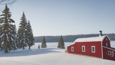 outdoors,sky,day,tree,blue sky,no humans,window,shadow,building,nature,scenery,snow,forest,snowing,door,road,house,winter,bare tree,pine tree,cloud,mountain,bush