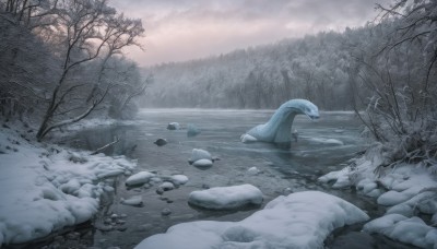 outdoors,sky,cloud,water,tree,pokemon (creature),no humans,cloudy sky,nature,scenery,snow,forest,rock,winter,bare tree,river,fog,grey sky,stone,ice,mountain,muted color,frozen