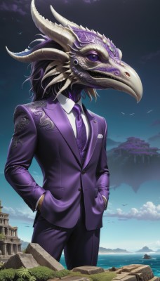 solo,shirt,black hair,long sleeves,1boy,standing,purple eyes,jacket,white shirt,male focus,cowboy shot,outdoors,necktie,horns,sky,teeth,day,collared shirt,pants,cloud,water,blue sky,bird,ocean,black pants,formal,suit,sharp teeth,monster,rock,hands in pockets,horizon,purple jacket,giant,purple necktie,purple pants,cliff,island,lighthouse,purple hair,tree,mask,colored skin,cloudy sky,fantasy,extra eyes