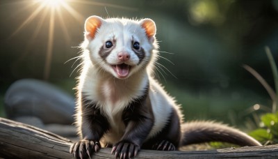 HQ,solo,looking at viewer,open mouth,blue eyes,outdoors,tongue,signature,blurry,tree,no humans,depth of field,blurry background,animal,fangs,sunlight,cat,plant,claws,lens flare,light rays,realistic,sun,animal focus,mouse,whiskers,full body,teeth,watermark