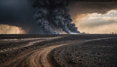 outdoors,sky,cloud,water,tree,no humans,ocean,cloudy sky,grass,scenery,smoke,horizon,field,landscape,sand,brown theme,desert