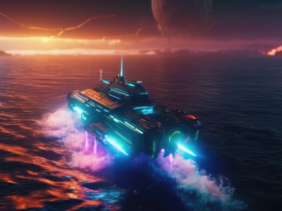 outdoors,sky,cloud,water,no humans,glowing,ocean,cloudy sky,robot,scenery,mecha,flying,science fiction,sunset,sun,horizon,watercraft,ship,waves,spacecraft,star (sky),machinery,realistic,space