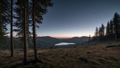 outdoors,sky,cloud,tree,no humans,night,grass,star (sky),nature,night sky,scenery,forest,starry sky,sunset,mountain,river,landscape,mountainous horizon,sunrise,snow,gradient sky,pine tree