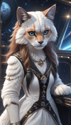 1girl,solo,long hair,breasts,looking at viewer,blue eyes,brown hair,dress,animal ears,jewelry,closed mouth,tail,braid,belt,necklace,white dress,window,animal,cat,brooch,gem,star (sky),hair over shoulder,furry,pendant,animal hands,furry female,space,body fur,white fur,planet,animal nose,whiskers,earth (planet),fluffy,furrification,black hair,long sleeves,multicolored hair,artist name,cat ears,animal ear fluff,snout