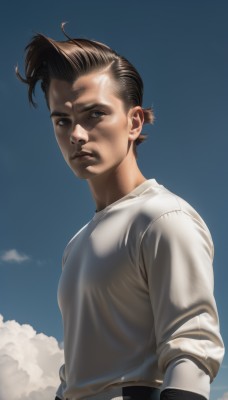 solo,looking at viewer,short hair,blue eyes,brown hair,shirt,long sleeves,1boy,closed mouth,white shirt,upper body,male focus,outdoors,sky,day,belt,pants,cloud,blue sky,lips,realistic,nose,black hair,t-shirt,mohawk