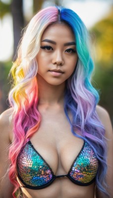 1girl,solo,long hair,breasts,looking at viewer,blonde hair,cleavage,brown eyes,medium breasts,closed mouth,blue hair,swimsuit,upper body,pink hair,white hair,bikini,multicolored hair,blurry,two-tone hair,lips,eyelashes,gradient hair,blurry background,wavy hair,breasts apart,realistic,multicolored bikini,bare shoulders,collarbone,purple hair,parted lips,artist name,signature,makeup,depth of field,watermark,bikini top only,web address,multicolored clothes,eyeshadow,nose,mascara,rainbow hair