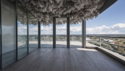 outdoors,sky,day,cloud,tree,blue sky,no humans,window,cloudy sky,building,nature,scenery,wooden floor,mountain,road,architecture,sliding doors,east asian architecture,landscape,indoors,water,ocean,grass,horizon,cityscape