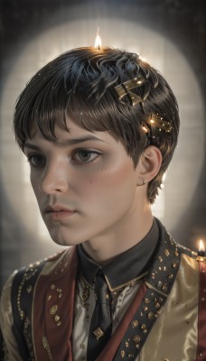 solo,short hair,bangs,brown hair,shirt,black hair,hair ornament,1boy,brown eyes,jewelry,upper body,male focus,earrings,parted lips,necktie,collared shirt,blurry,black eyes,lips,blurry background,piercing,portrait,black necktie,freckles,realistic,nose,1girl,closed mouth,jacket,grey eyes,eyelashes,looking away,stud earrings,candle,very short hair,candlelight