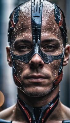 solo,looking at viewer,black hair,1boy,brown eyes,closed mouth,male focus,dark skin,blurry,black eyes,lips,wet,blurry background,facial hair,dark-skinned male,goggles,portrait,science fiction,realistic,android,mask,manly