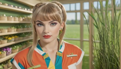 1girl,solo,long hair,looking at viewer,bangs,blue eyes,blonde hair,brown hair,shirt,twintails,jewelry,upper body,flower,short sleeves,earrings,outdoors,day,collared shirt,indoors,blurry,uniform,lips,grey eyes,makeup,blurry background,grass,plant,lipstick,freckles,realistic,red lips,orange shirt,employee uniform,shop,closed mouth,hair bun,double bun,portrait,sportswear,soccer uniform