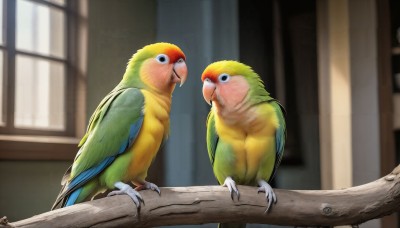 HQ,standing,wings,day,indoors,blurry,looking at another,black eyes,no humans,window,depth of field,blurry background,bird,animal,feathers,curtains,realistic,branch,animal focus,talons,beak,parrot,looking at viewer,brown eyes,closed mouth