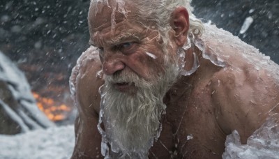 solo,blue eyes,1boy,upper body,white hair,male focus,blurry,muscular,facial hair,scar,muscular male,beard,scar on face,snow,snowing,mature male,realistic,mustache,scar across eye,bald,manly,old,old man,jewelry,closed mouth,outdoors,artist name,necklace,depth of field,blurry background,thick eyebrows