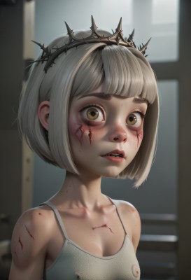 1girl,solo,breasts,looking at viewer,short hair,open mouth,bangs,cleavage,bare shoulders,brown eyes,underwear,nipples,collarbone,yellow eyes,upper body,white hair,grey hair,small breasts,parted lips,teeth,indoors,blunt bangs,bra,blurry,lips,loli,eyelashes,blood,blurry background,bob cut,tiara,crown,camisole,freckles,white bra,injury,wide-eyed,blood on face,nose,red lips,cuts,training bra,artist name,covered nipples,watermark,realistic,blood on clothes