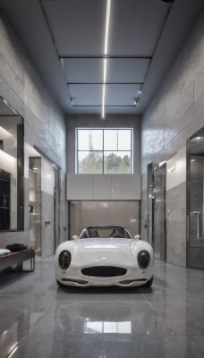 day,indoors,tree,no humans,window,ground vehicle,scenery,motor vehicle,reflection,mirror,door,tiles,car,tile floor,vehicle focus,open door,ceiling,sink,ceiling light,reflective floor,seat,shadow,rain,wooden floor,sports car,washing machine