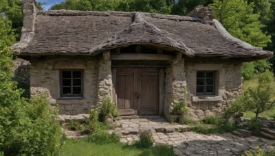 outdoors,sky,day,tree,blue sky,no humans,window,grass,plant,building,nature,scenery,forest,rock,stairs,door,bush,wall,ruins,house,path,moss,cloud,stone