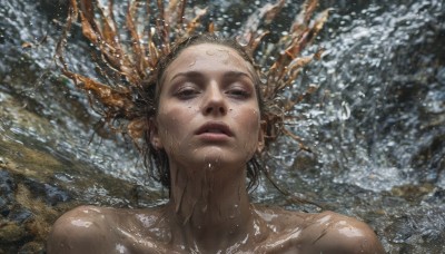 1girl,solo,long hair,looking at viewer,brown hair,black hair,bare shoulders,collarbone,closed eyes,nude,outdoors,parted lips,teeth,water,mole,black eyes,lips,wet,makeup,half-closed eyes,portrait,facing viewer,partially submerged,freckles,rock,realistic,wet hair,short hair,upper body