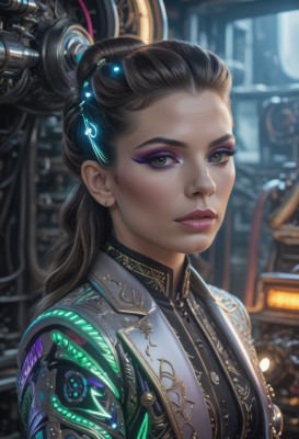 1girl,solo,long hair,looking at viewer,brown hair,black hair,hair ornament,jewelry,green eyes,upper body,earrings,blurry,lips,makeup,blurry background,headgear,lipstick,eyeshadow,freckles,science fiction,realistic,nose,stud earrings,eyeliner,cyborg,hair pulled back,mascara,cyberpunk,jacket,artist name,eyelashes,depth of field,watermark,web address