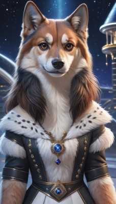 solo,looking at viewer,brown hair,brown eyes,jewelry,upper body,short sleeves,outdoors,sky,belt,artist name,signature,necklace,fur trim,no humans,night,animal,brooch,gem,star (sky),night sky,pendant,starry sky,dog,animal focus,white fur,fur,whiskers,fluffy,long hair,watermark,fur collar,shiba inu