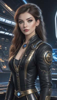 1girl,solo,long hair,breasts,looking at viewer,brown hair,long sleeves,cleavage,brown eyes,jewelry,medium breasts,closed mouth,upper body,earrings,belt,necklace,lips,bodysuit,makeup,wavy hair,lipstick,gem,pendant,zipper,science fiction,realistic,nose,black bodysuit,red lips,large breasts