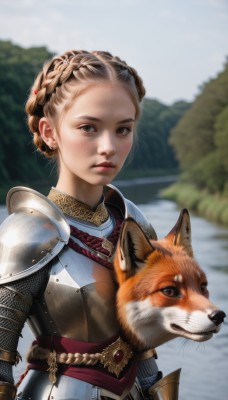 1girl,solo,looking at viewer,short hair,blonde hair,brown hair,brown eyes,jewelry,closed mouth,upper body,braid,earrings,outdoors,day,necklace,armor,blurry,lips,blurry background,animal,shoulder armor,gauntlets,french braid,pauldrons,dog,breastplate,realistic,nose,crown braid,chainmail,plate armor,hair bun,tree,depth of field,expressionless,forehead,gold trim,holding animal,braided bun,river,fox,lake,updo,pet