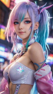 1girl,solo,long hair,breasts,looking at viewer,smile,bangs,blue eyes,hair ornament,cleavage,bare shoulders,twintails,jewelry,medium breasts,closed mouth,blue hair,jacket,upper body,ponytail,pink hair,sidelocks,multicolored hair,earrings,open clothes,necktie,off shoulder,bra,mole,blurry,two-tone hair,open jacket,lips,strapless,aqua hair,gradient hair,makeup,detached collar,depth of field,blurry background,between breasts,eyeshadow,realistic,nose,pink jacket,necktie between breasts,mascara,purple hair,midriff,artist name,necklace,from side,streaked hair,crop top,eyelashes,freckles,science fiction,pink lips,bustier,cyberpunk