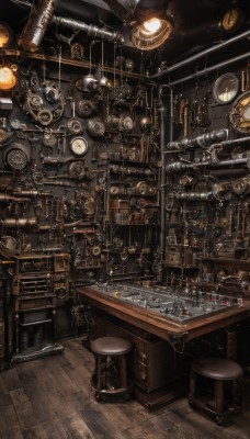 indoors,cup,no humans,chair,table,scenery,wooden floor,clock,lamp,stool,gears,lights,industrial pipe,steampunk,machine,telescope,loaded interior,bottle,shelf,bar (place),counter,ceiling light,weighing scale,analog clock,wall clock,bar stool