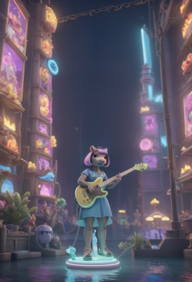 1girl,solo,smile,short hair,dress,holding,animal ears,standing,pink hair,short sleeves,outdoors,food,dark skin,water,mask,night,blue dress,sandals,sunglasses,plant,instrument,furry,reflection,sign,furry female,music,guitar,potted plant,mushroom,playing instrument,neon lights,black eyes,scenery,shop,pig ears