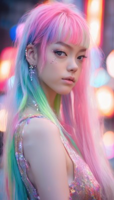 1girl,solo,long hair,breasts,looking at viewer,bangs,dress,bare shoulders,jewelry,closed mouth,upper body,pink hair,multicolored hair,earrings,green hair,sleeveless,artist name,blunt bangs,blurry,black eyes,from side,lips,grey eyes,eyelashes,aqua hair,gradient hair,makeup,depth of field,blurry background,watermark,piercing,ear piercing,web address,realistic,nose,rainbow hair,parted lips,necklace,looking to the side,facial mark,expressionless,pink lips,bokeh,mascara