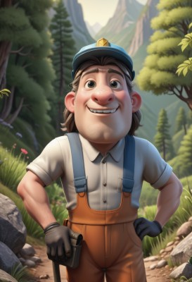 1girl,solo,looking at viewer,smile,brown hair,shirt,gloves,1boy,hat,holding,brown eyes,standing,white shirt,short sleeves,male focus,outdoors,teeth,day,black gloves,collared shirt,pants,medium hair,grin,uniform,black eyes,tree,hand on hip,suspenders,grass,child,nature,blue headwear,forest,rock,overalls,dirty,flower,thick eyebrows,realistic,nose,fat,police,deviantart username