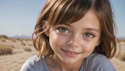 1girl,solo,looking at viewer,smile,short hair,bangs,brown hair,shirt,brown eyes,outdoors,parted lips,sky,teeth,day,medium hair,grin,blurry,blue sky,lips,depth of field,blurry background,blue shirt,portrait,freckles,realistic,nose,open mouth,close-up