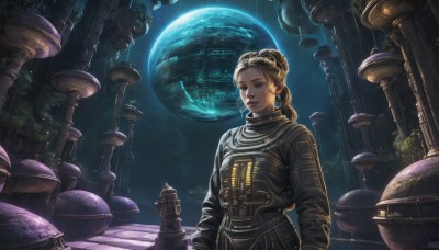 1girl,solo,long hair,looking at viewer,blonde hair,brown hair,brown eyes,jewelry,upper body,braid,earrings,hair bun,armor,lips,single hair bun,star (sky),scenery,science fiction,realistic,fantasy,space,planet,pillar,earth (planet),spacecraft,spacesuit,long sleeves,closed mouth,plant,alien,column