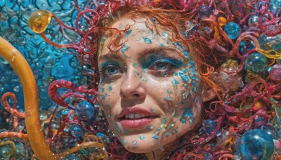 1girl,solo,looking at viewer,blue eyes,red hair,parted lips,teeth,water,orange hair,lips,makeup,portrait,tentacles,freckles,bubble,underwater,realistic,nose,air bubble,submerged,ribbon,eyelashes,facial mark,coral