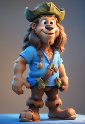 solo,long hair,looking at viewer,smile,open mouth,simple background,brown hair,shirt,1boy,hat,animal ears,brown eyes,standing,full body,short sleeves,male focus,teeth,belt,artist name,gradient background,blue shirt,furry,furry male,pirate hat,brown fur,parted lips,barefoot,pants,facial hair,watermark,web address,freckles,brown belt,brown pants,buck teeth