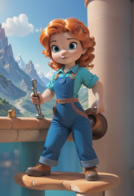 1girl,solo,long hair,looking at viewer,smile,blue eyes,shirt,holding,standing,full body,short sleeves,boots,outdoors,sky,shoes,day,collared shirt,belt,cloud,medium hair,orange hair,blue sky,brown footwear,blue shirt,child,sleeves rolled up,freckles,curly hair,mountain,female child,overalls,hammer,blue overalls,short hair,open mouth,hat,red hair,hairband,aged down